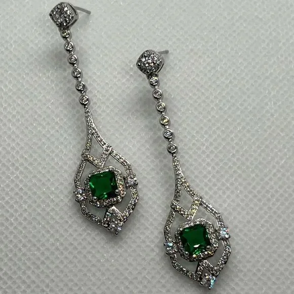 Diamond and emerald cubic zirconia earrings - Picture 3 of 7
